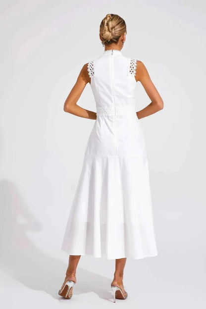 Midi dress with lace and stand-up collar