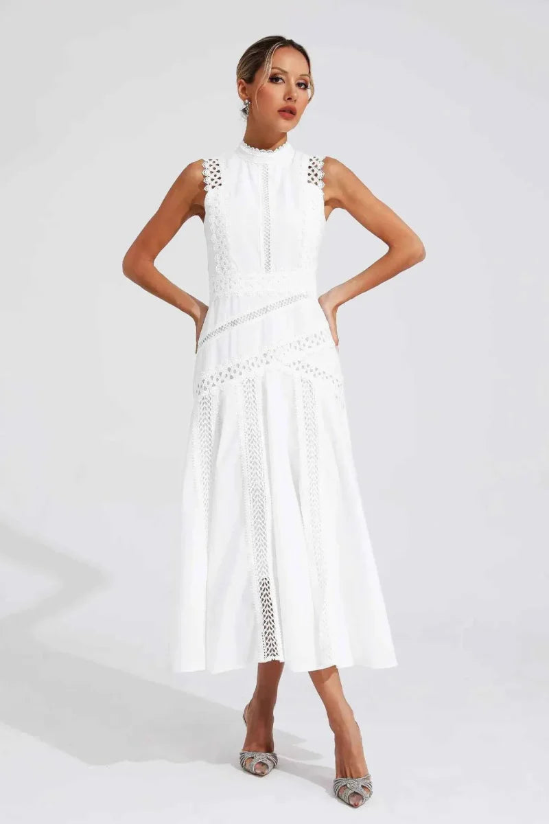 Midi dress with lace and stand-up collar