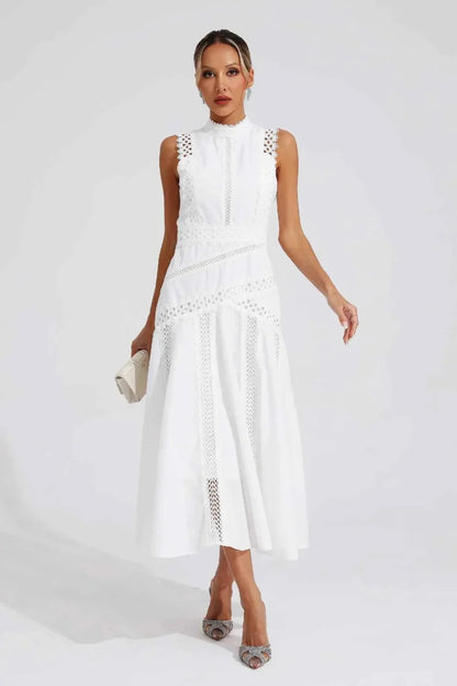 Midi dress with lace and stand-up collar