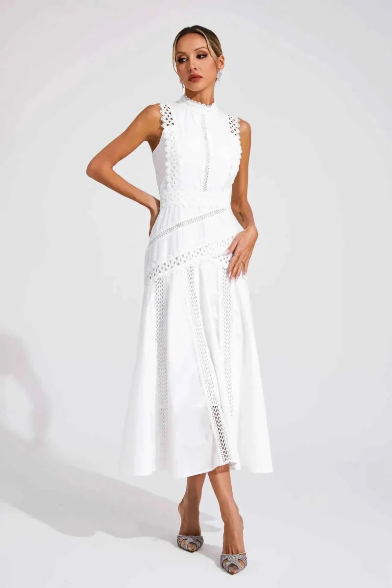 Midi dress with lace and stand-up collar