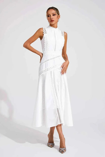 Midi dress with lace and stand-up collar