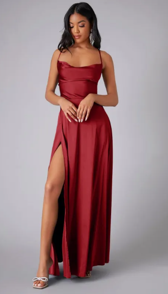 Women's Satin Cowl Neck Maxi Dress - Lace-Up Back and Side Slit