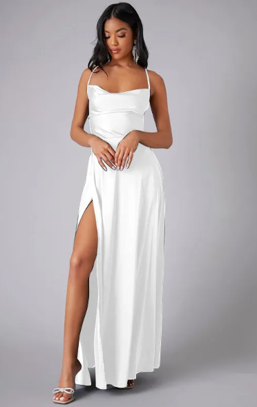 Women's Satin Cowl Neck Maxi Dress - Lace-Up Back and Side Slit