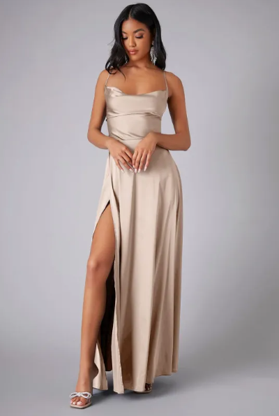 Women's Satin Cowl Neck Maxi Dress - Lace-Up Back and Side Slit