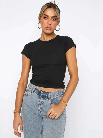 Fitted Ruched Crop Top with Crew Neck for Chic Styling