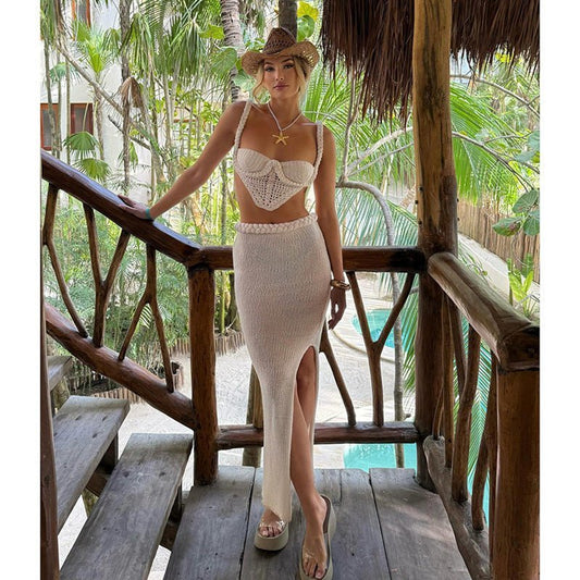 Crochet Maxi Skirt and Bustier Top Set for Summer Looks