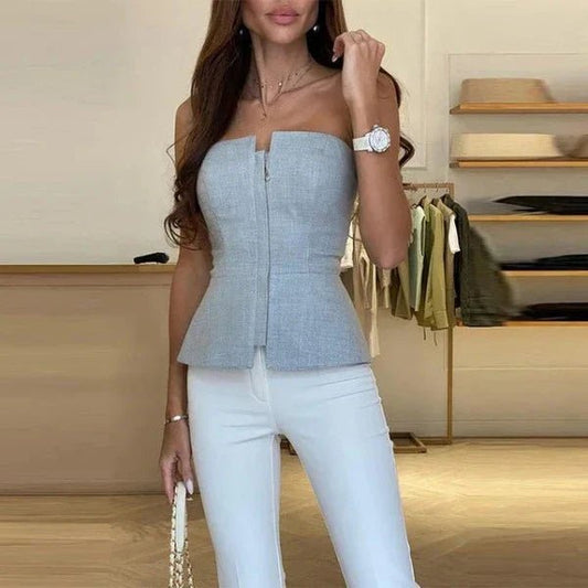Off-Shoulder Corset Top with Sculpted Waist and Zip Detail