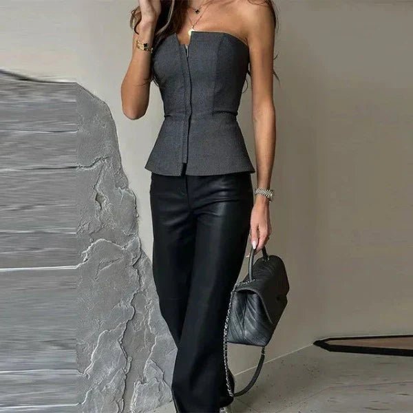 Off-Shoulder Corset Top with Sculpted Waist and Zip Detail