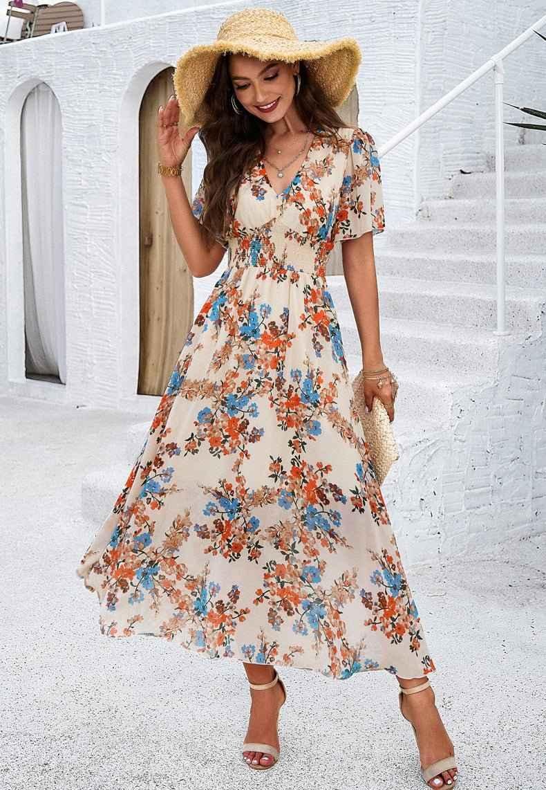 Boho maxi dress with floral print, V-neckline, and smocked waist