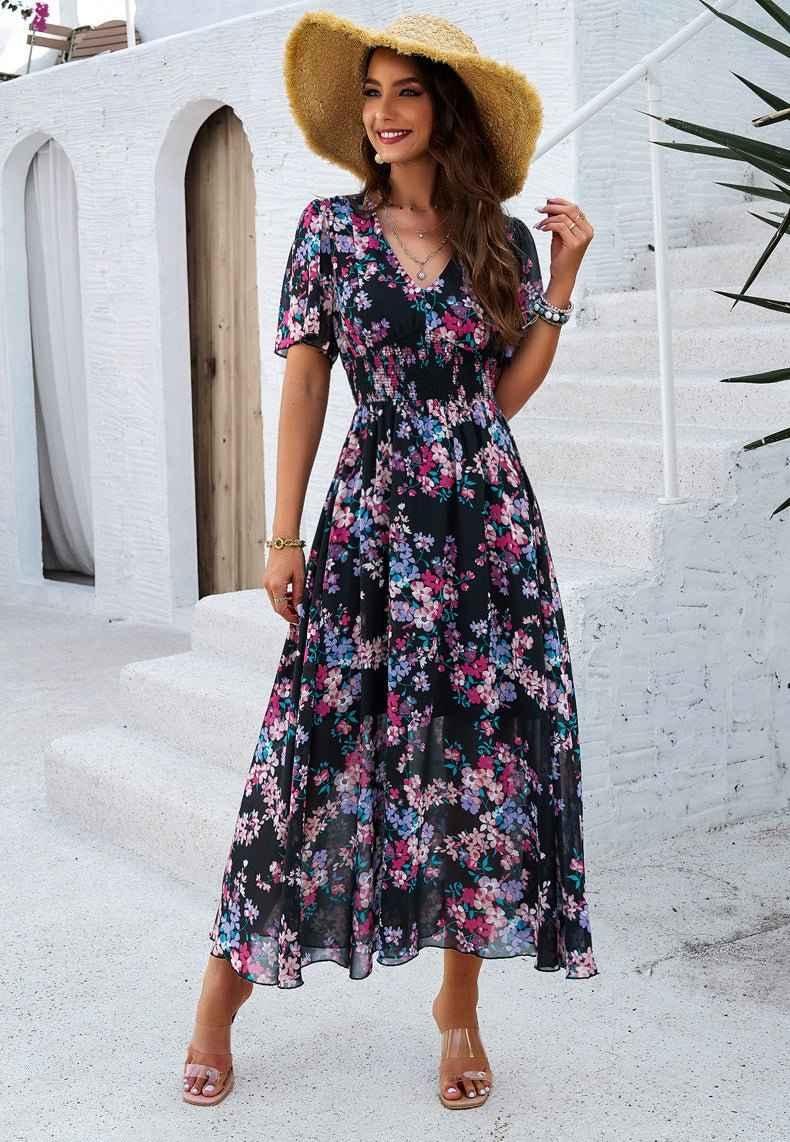 Boho maxi dress with floral print, V-neckline, and smocked waist