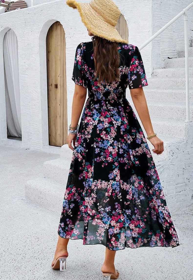 Boho maxi dress with floral print, V-neckline, and smocked waist