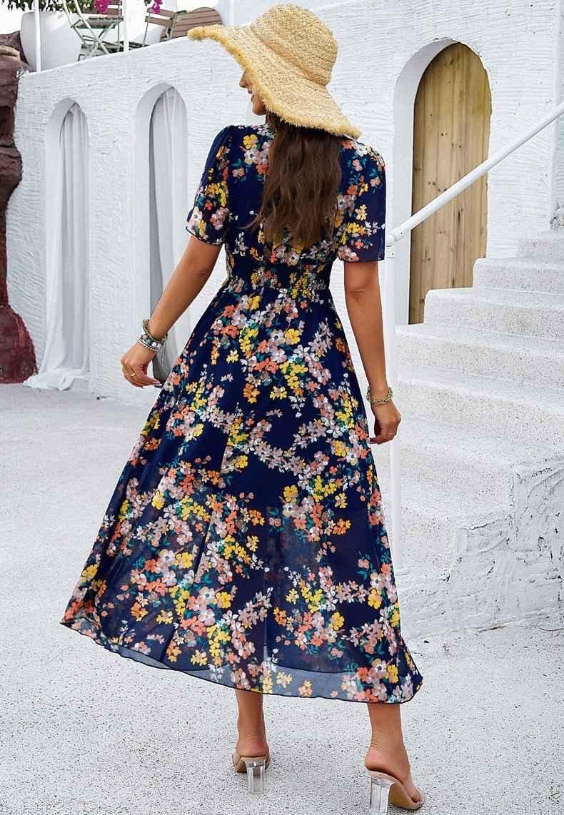 Boho maxi dress with floral print, V-neckline, and smocked waist