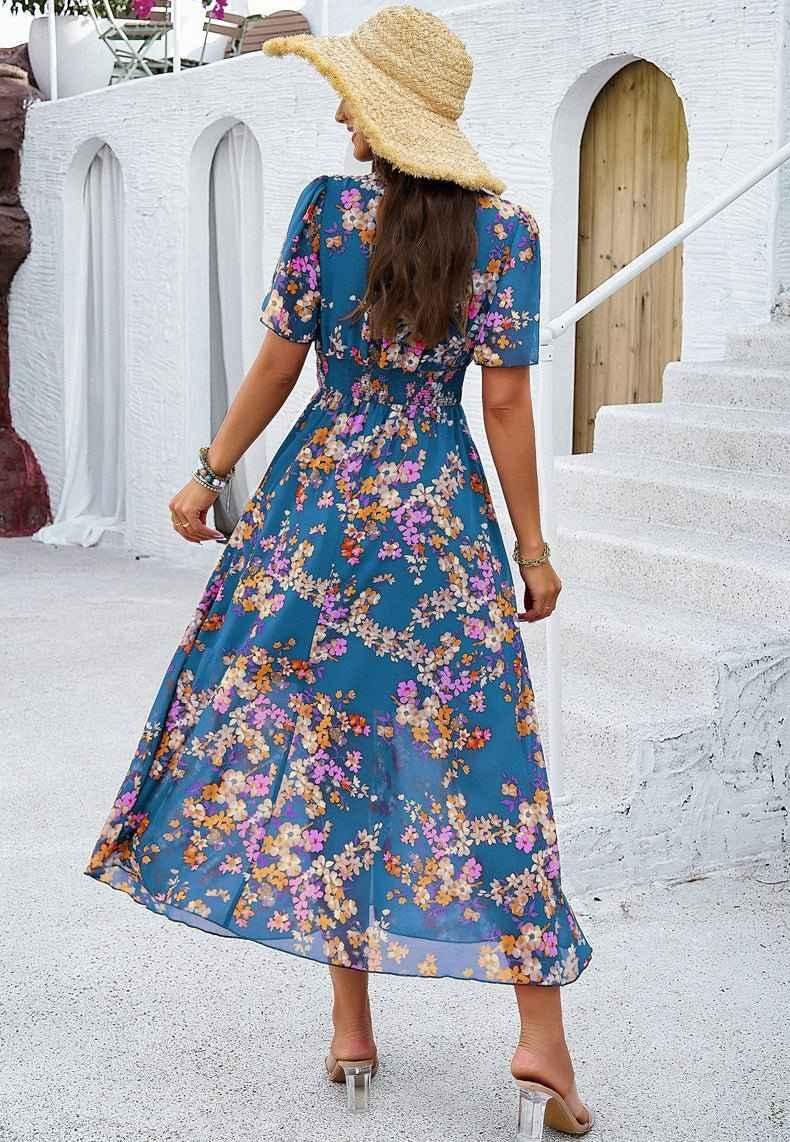 Boho maxi dress with floral print, V-neckline, and smocked waist