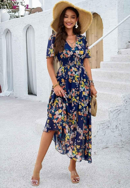 Boho maxi dress with floral print, V-neckline, and smocked waist