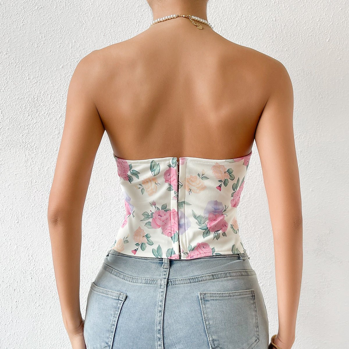 Floral Corset Top with Sweetheart Neckline and Zip Closure