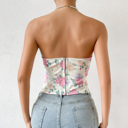 Floral Corset Top with Sweetheart Neckline and Zip Closure