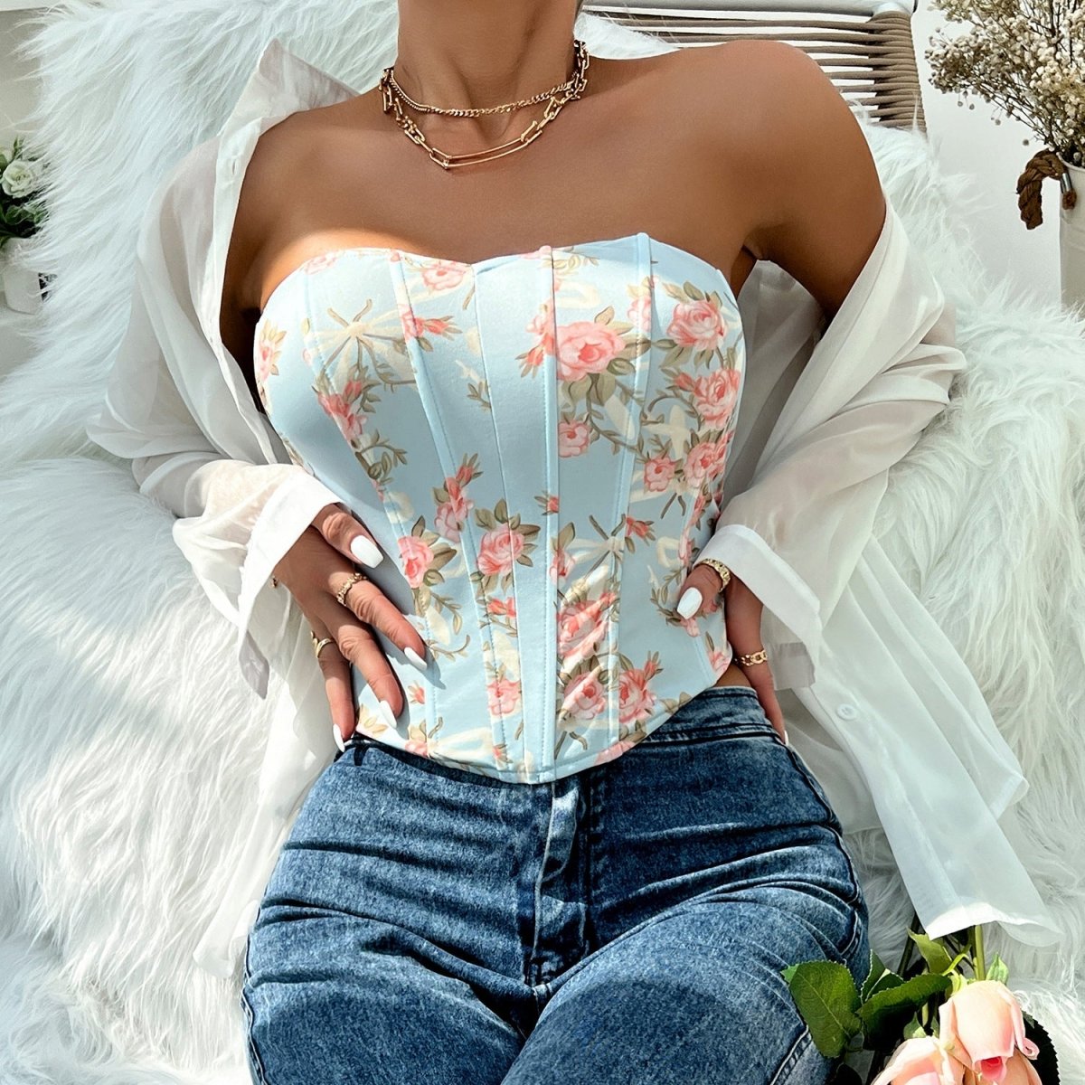 Floral Corset Top with Sweetheart Neckline and Zip Closure