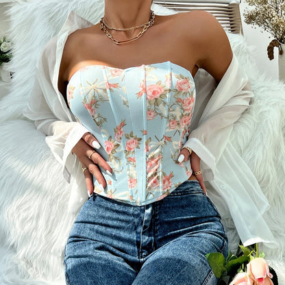 Floral Corset Top with Sweetheart Neckline and Zip Closure