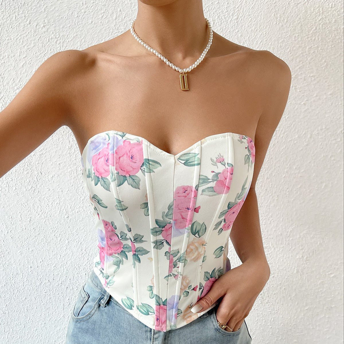 Floral Corset Top with Sweetheart Neckline and Zip Closure