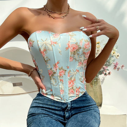 Floral Corset Top with Sweetheart Neckline and Zip Closure