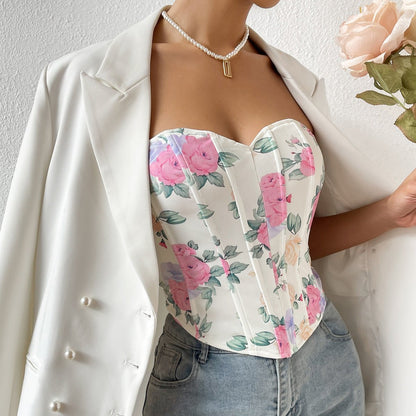 Floral Corset Top with Sweetheart Neckline and Zip Closure