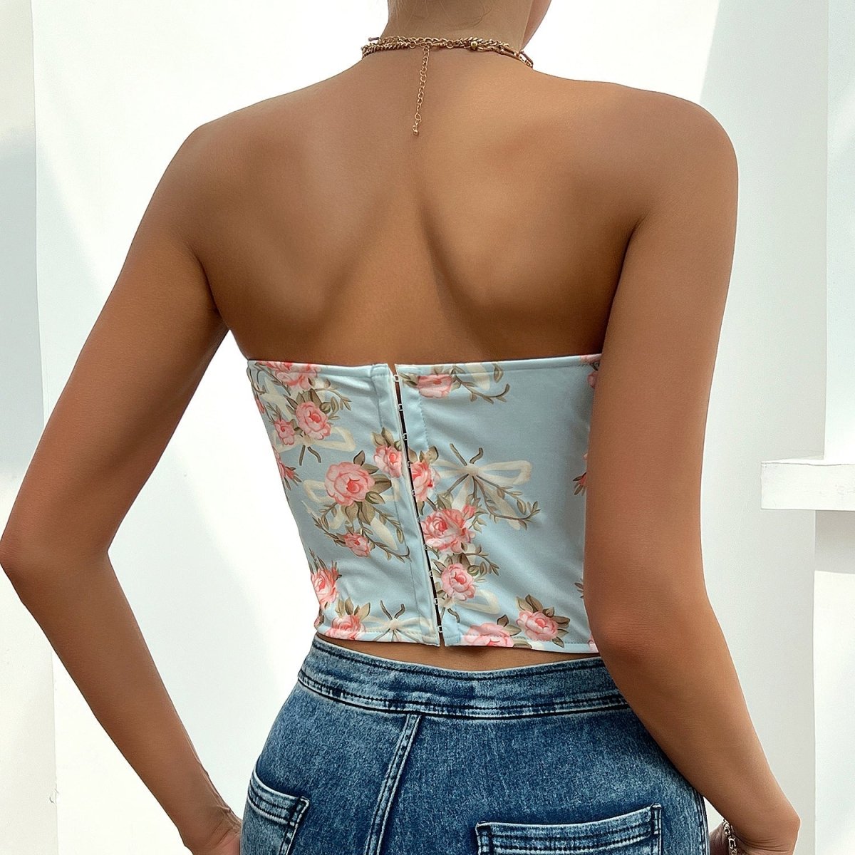 Floral Corset Top with Sweetheart Neckline and Zip Closure