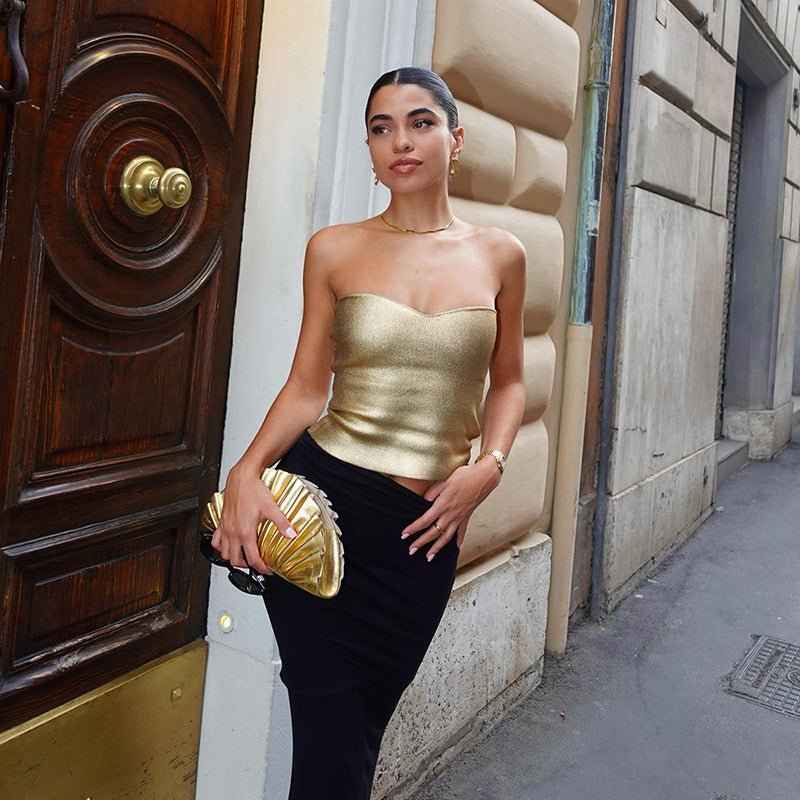 Strapless Metallic Top with Sculpted Figure-Hugging Fit