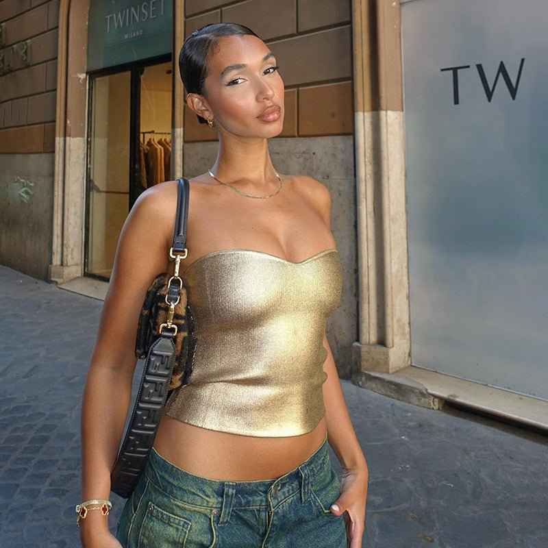Strapless Metallic Top with Sculpted Figure-Hugging Fit