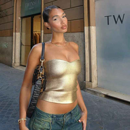 Strapless Metallic Top with Sculpted Figure-Hugging Fit