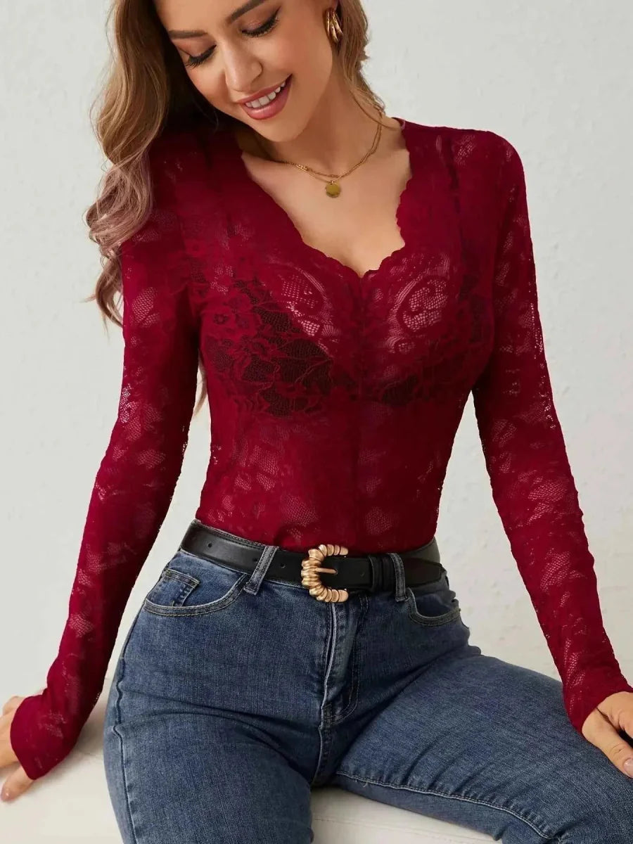 Sheer Lace Long Sleeve Top with Feminine Elegant Detailing