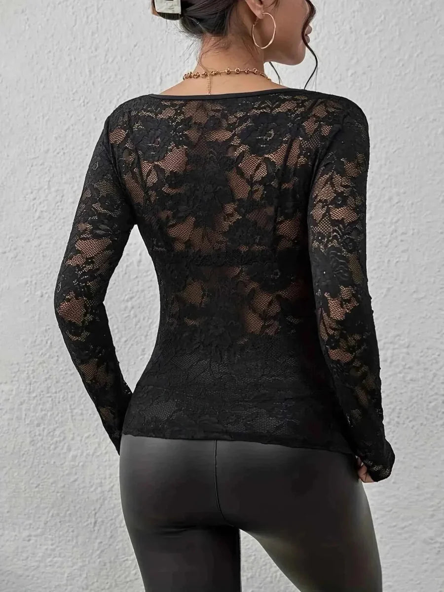 Sheer Lace Long Sleeve Top with Feminine Elegant Detailing