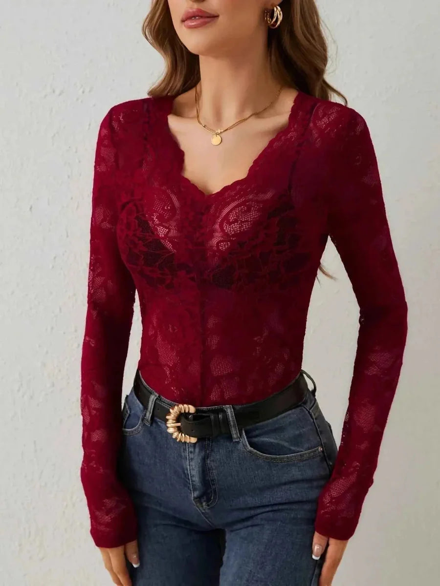 Sheer Lace Long Sleeve Top with Feminine Elegant Detailing