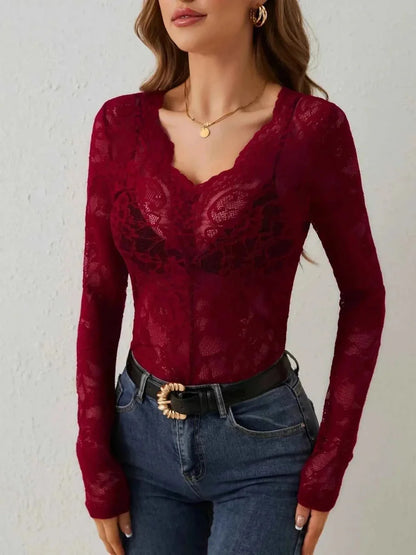 Sheer Lace Long Sleeve Top with Feminine Elegant Detailing