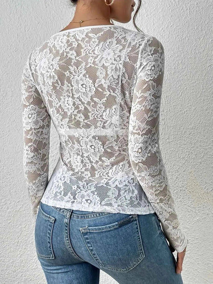 Sheer Lace Long Sleeve Top with Feminine Elegant Detailing