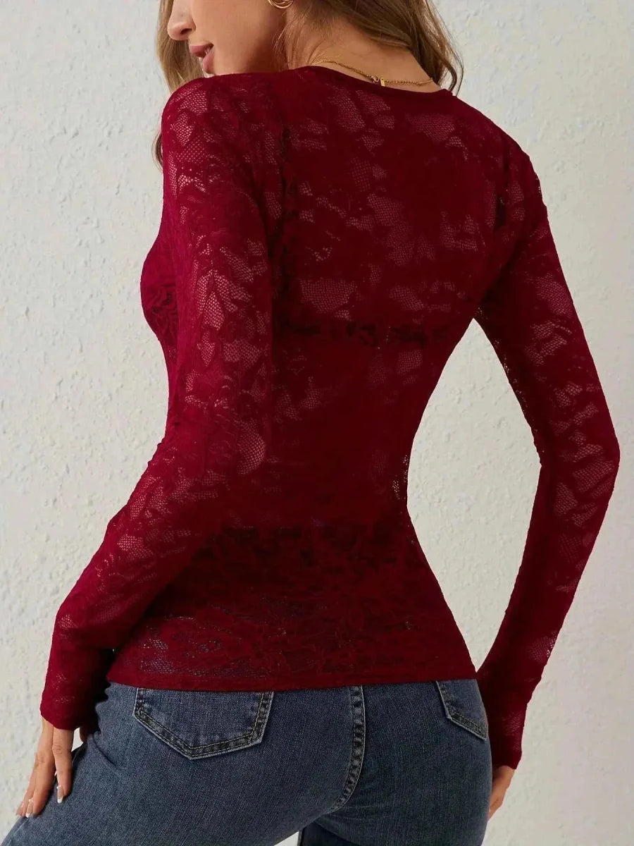 Sheer Lace Long Sleeve Top with Feminine Elegant Detailing