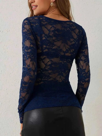 Sheer Lace Long Sleeve Top with Feminine Elegant Detailing