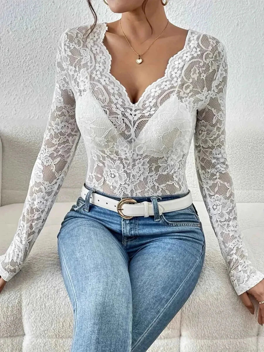 Sheer Lace Long Sleeve Top with Feminine Elegant Detailing