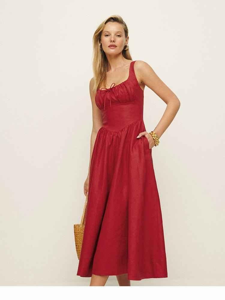 Sleeveless midi dress with ruched bustier and flared skirt linen feel