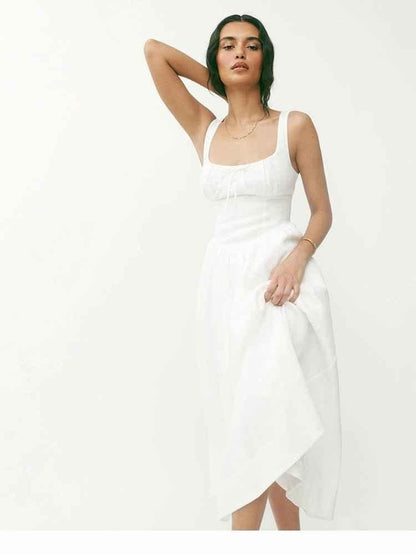 Sleeveless midi dress with ruched bustier and flared skirt linen feel