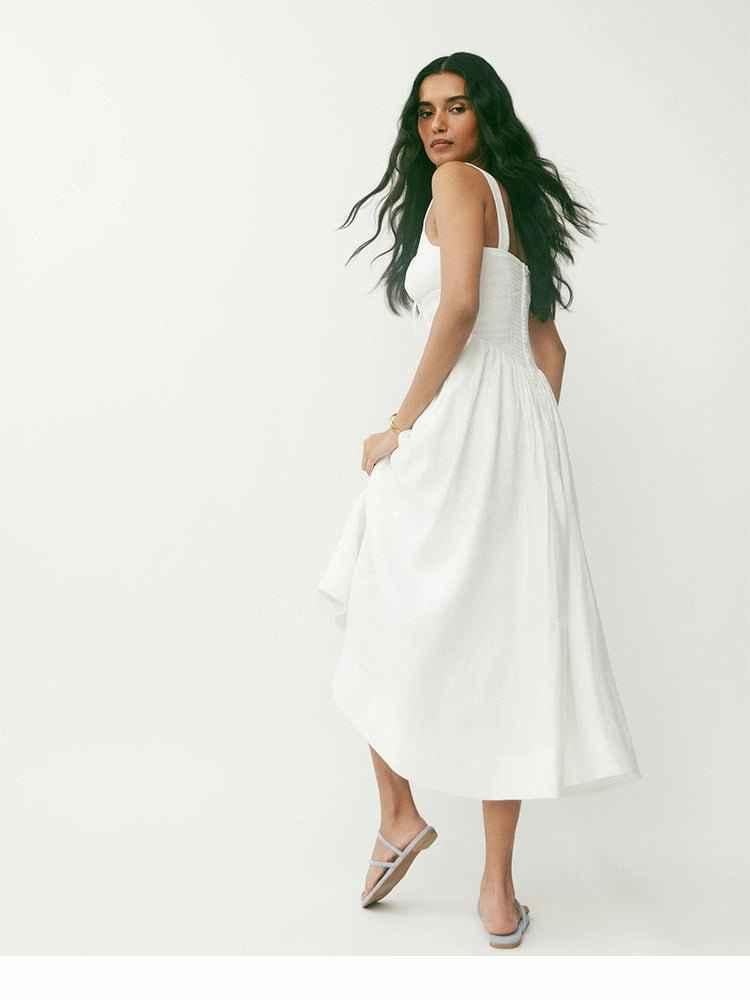 Sleeveless midi dress with ruched bustier and flared skirt linen feel