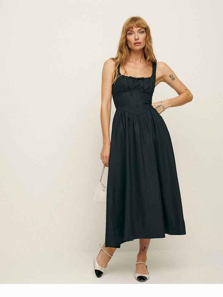 Sleeveless midi dress with ruched bustier and flared skirt linen feel