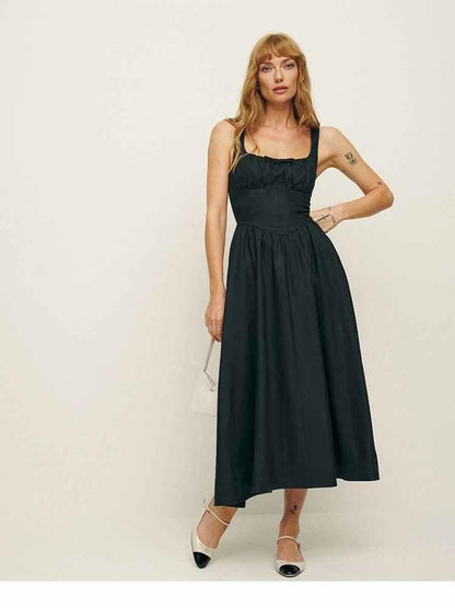 Sleeveless midi dress with ruched bustier and flared skirt linen feel