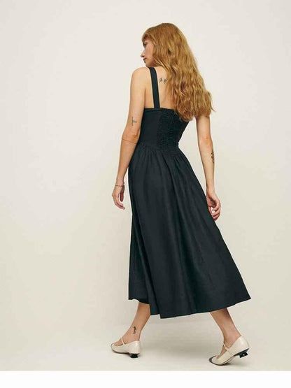 Sleeveless midi dress with ruched bustier and flared skirt linen feel