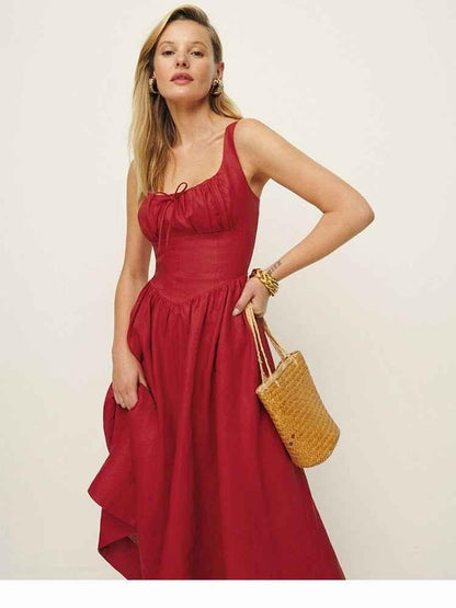 Sleeveless midi dress with ruched bustier and flared skirt linen feel