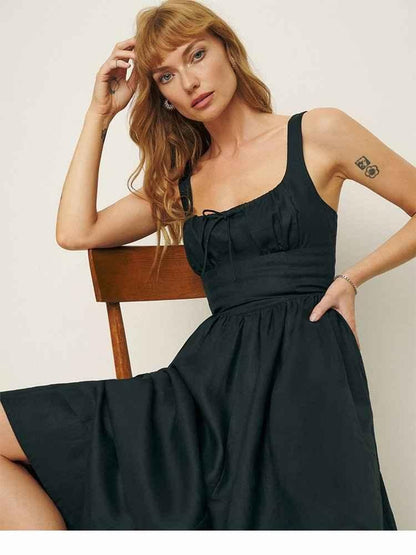 Sleeveless midi dress with ruched bustier and flared skirt linen feel