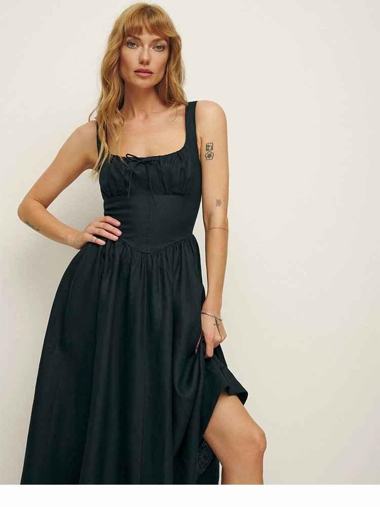 Sleeveless midi dress with ruched bustier and flared skirt linen feel