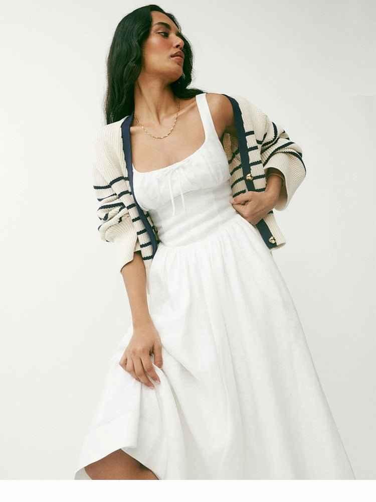 Sleeveless midi dress with ruched bustier and flared skirt linen feel