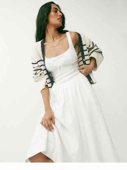 Sleeveless midi dress with ruched bustier and flared skirt linen feel