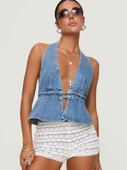 Backless Denim Top with Deep V-Neck and Waist Tie Detail