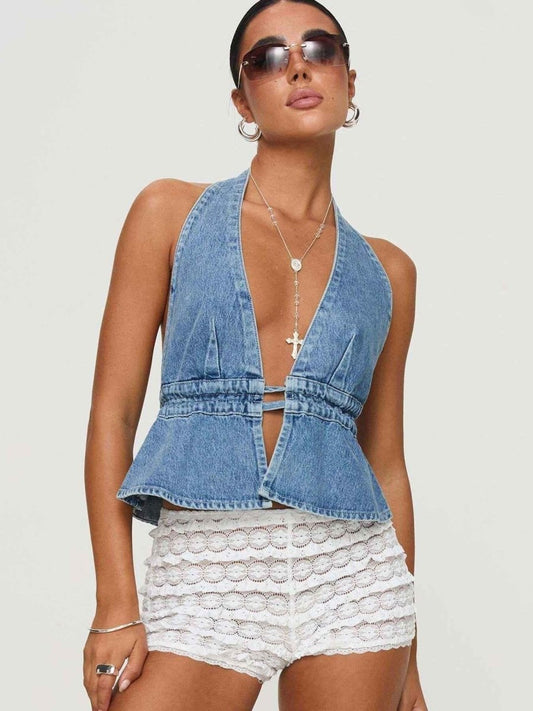 Backless Denim Top with Deep V-Neck and Waist Tie Detail